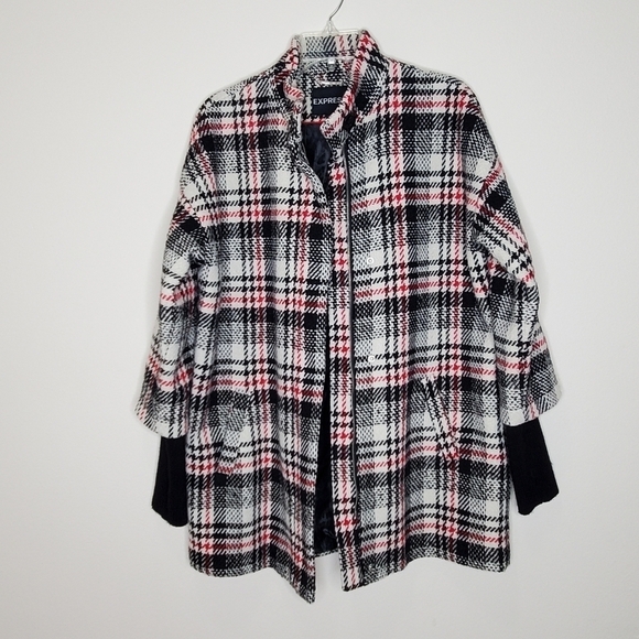Express Plaid Ribbed Sleeves Wool Cocoon Jacket - Picture 6 of 14